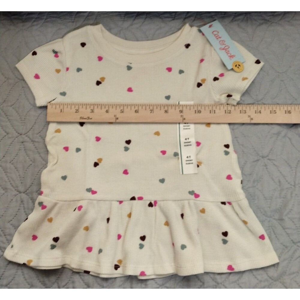 NWT, Cat & Jack Girls 4T Drop-Waist Shirt, Cream With Mini Colored Hearts - Picture 7 of 9